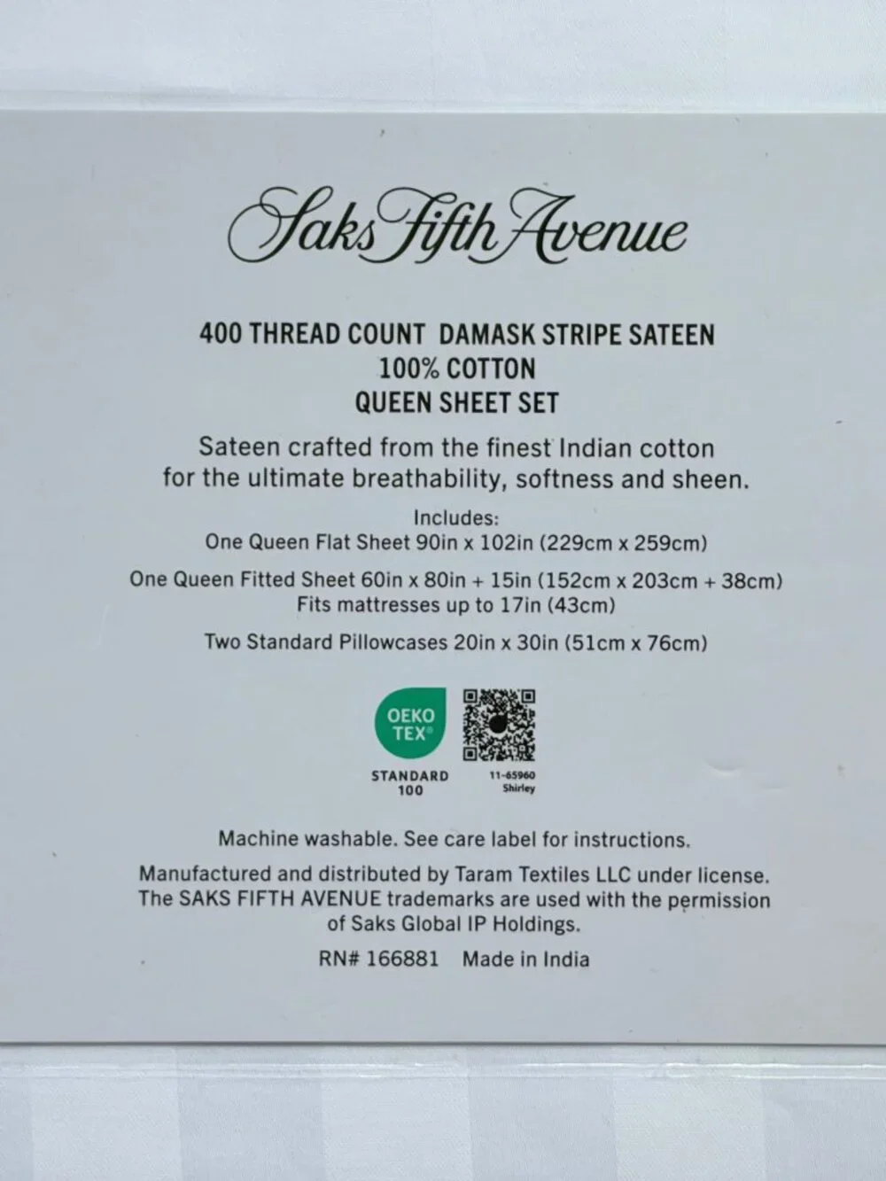 New Saks Fifth Avenue Queen Size Cotton White Damask Sateen Sheet Set 400TC